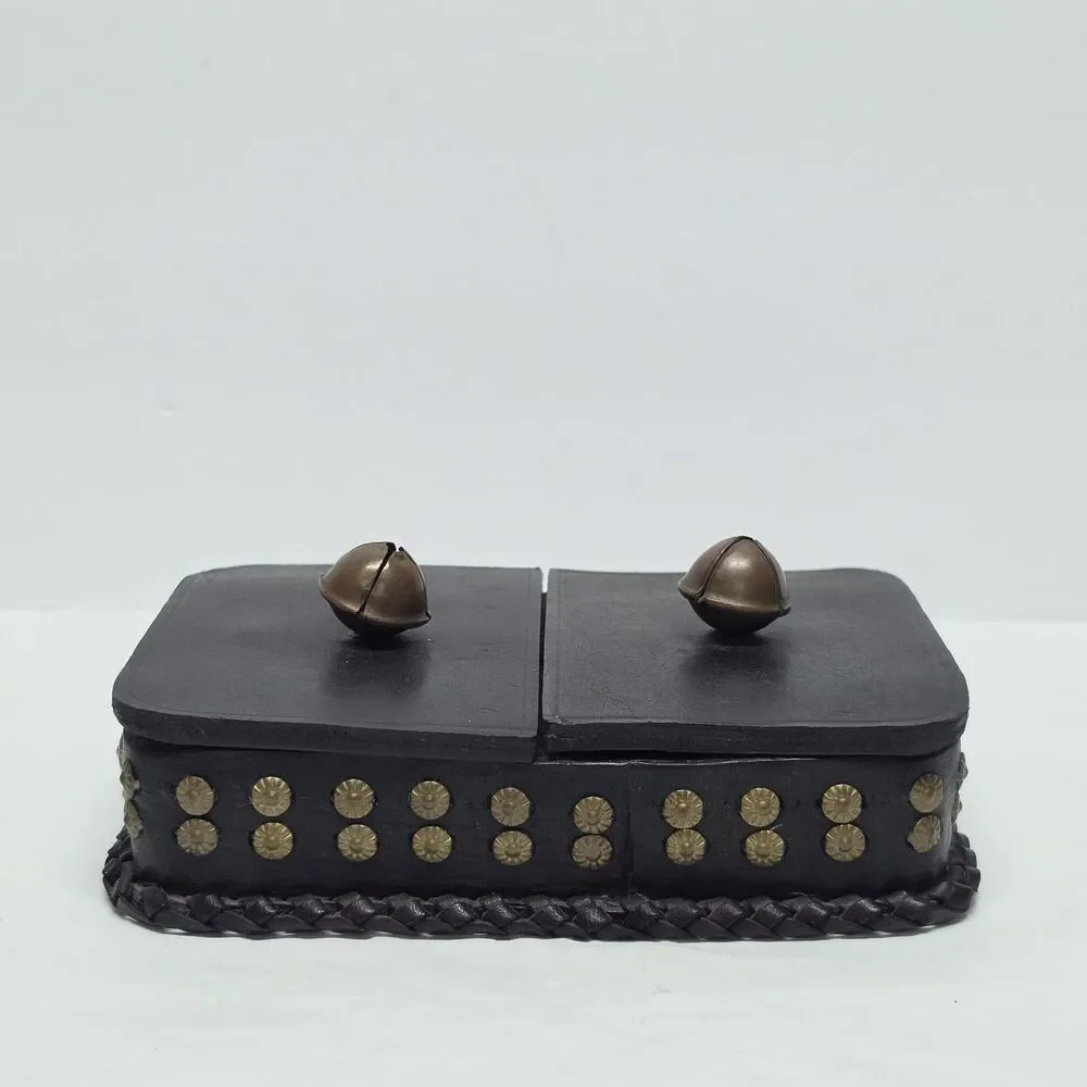 VTG Poland Studded Leather Double Deck Playing Card Box Holder With Bells MCM